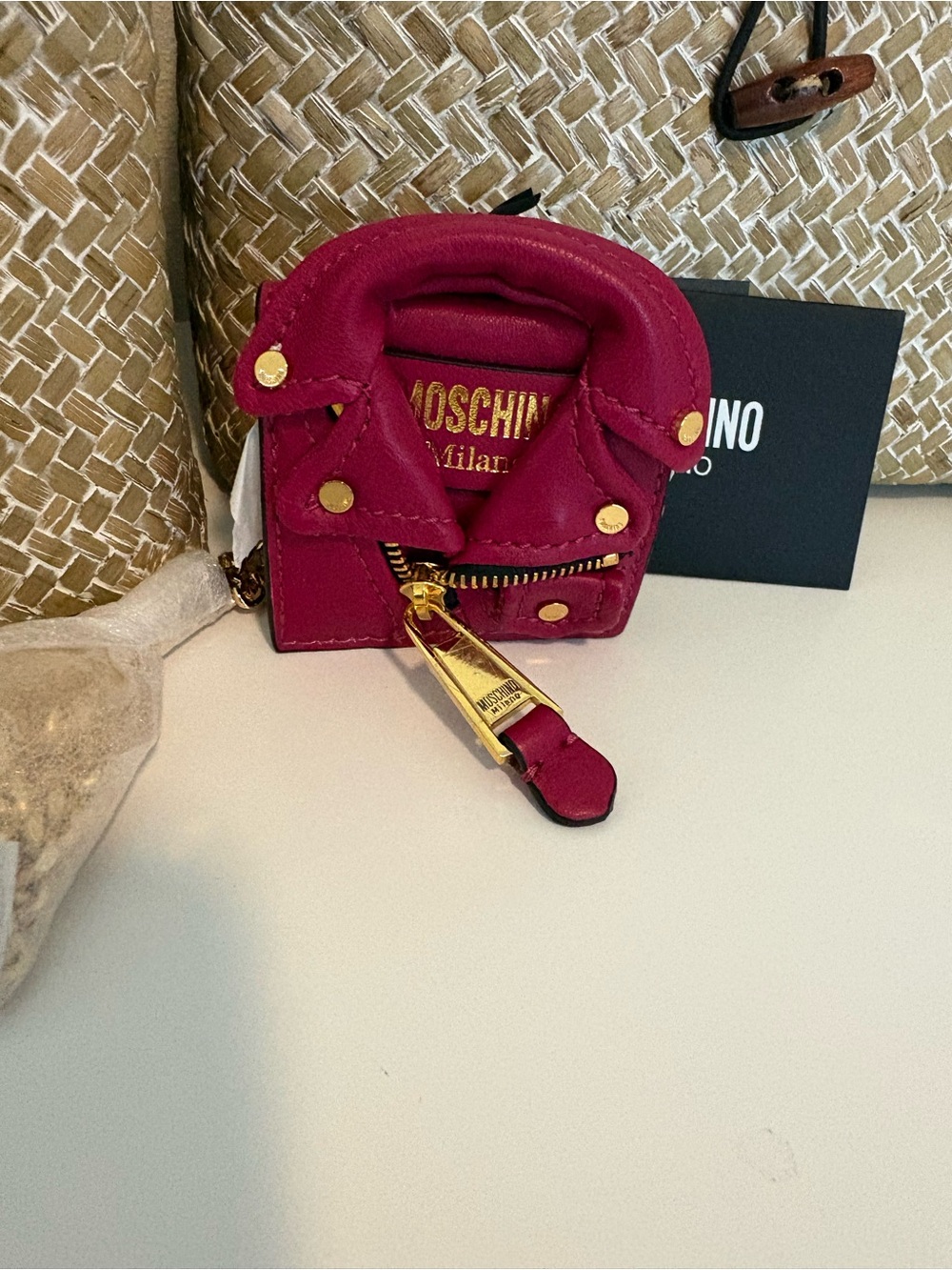 Moschino Hot Pink Mini Biker Jacket Charm with Gold Hardware